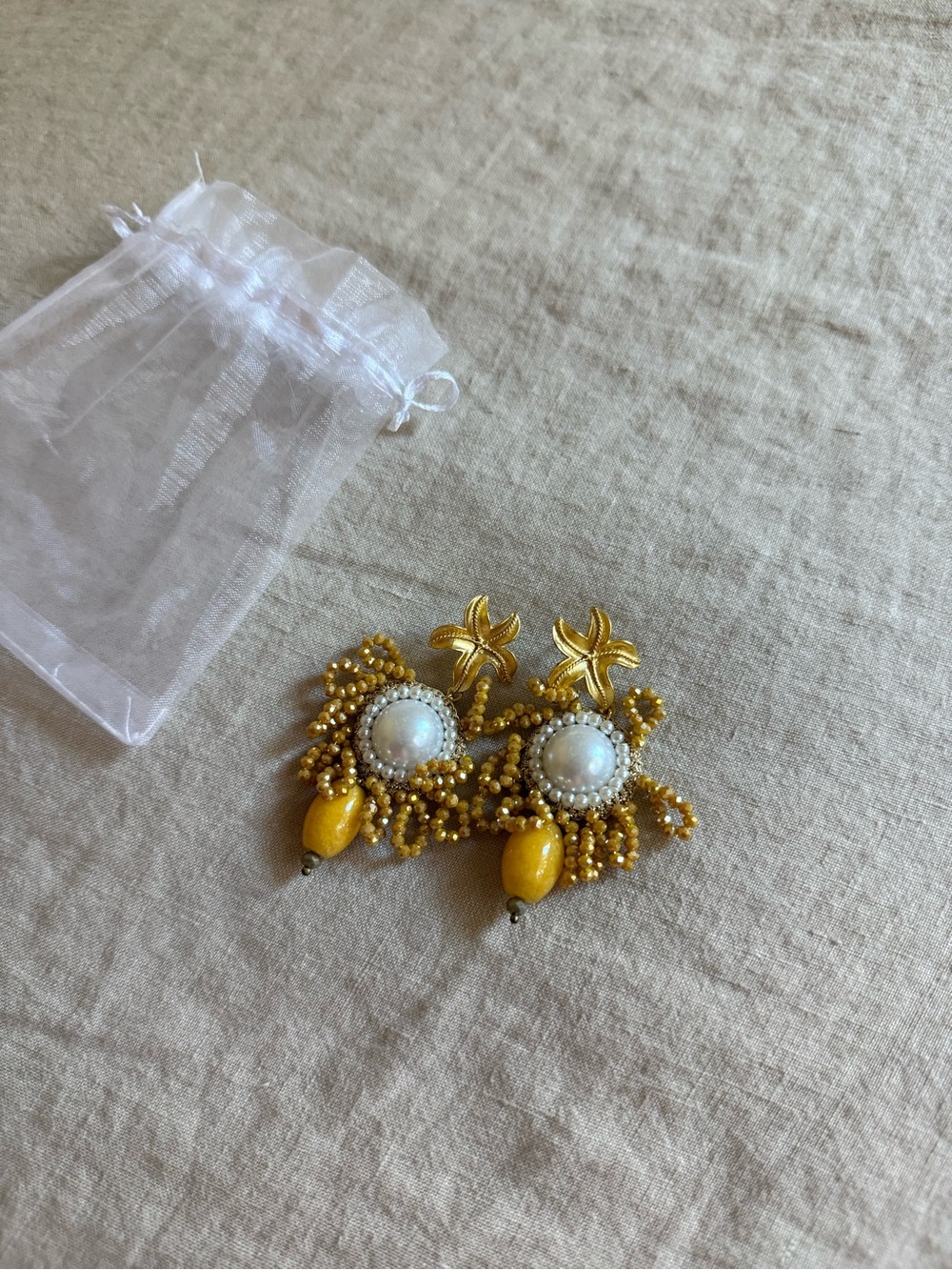 Italian Gold and Yellow Beaded Pearl Drop Earrings